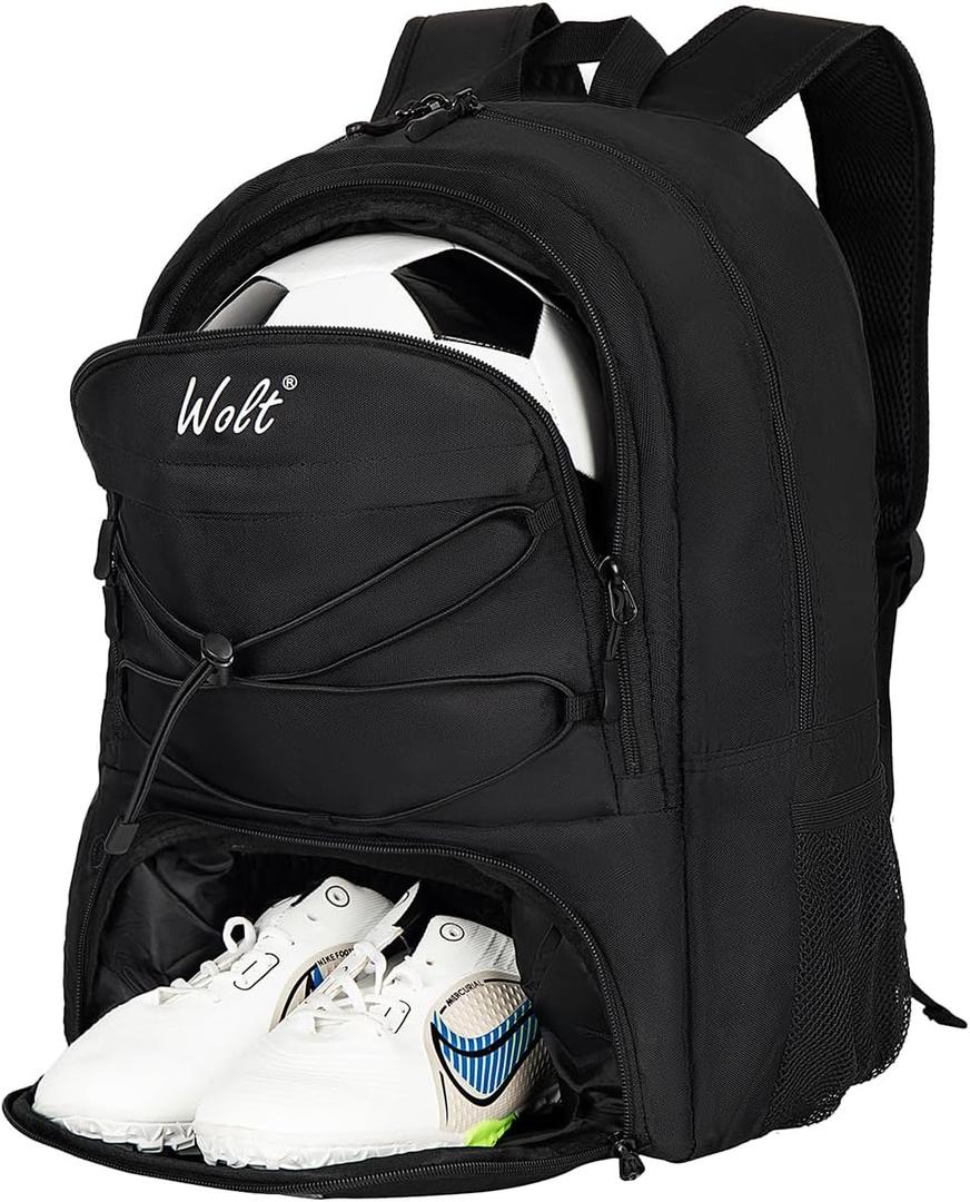 WOLT Youth Soccer Ball Backpack, Sports Bag with Ball holder & Shoe compartment, For Soccer, Football, Basketball, Volleyball, Gym (Black)