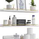 WOPITUES Floating Shelves 24 inch with Gold Metal Guardrail, Shelves for Wall Decor Set of 3, Wall Shelves for Bedroom, Bathroom, Kitchen, Living Room, Plants, Picture Frames, Art- White and Gold
