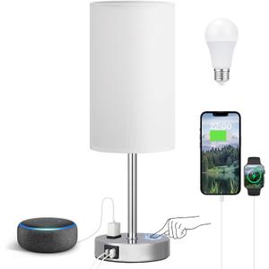 Fenmzee Touch Bedside Lamp - White, 3-Way Dimmable, USB A + C Charging, AC Outlet, 17.4inch Medium