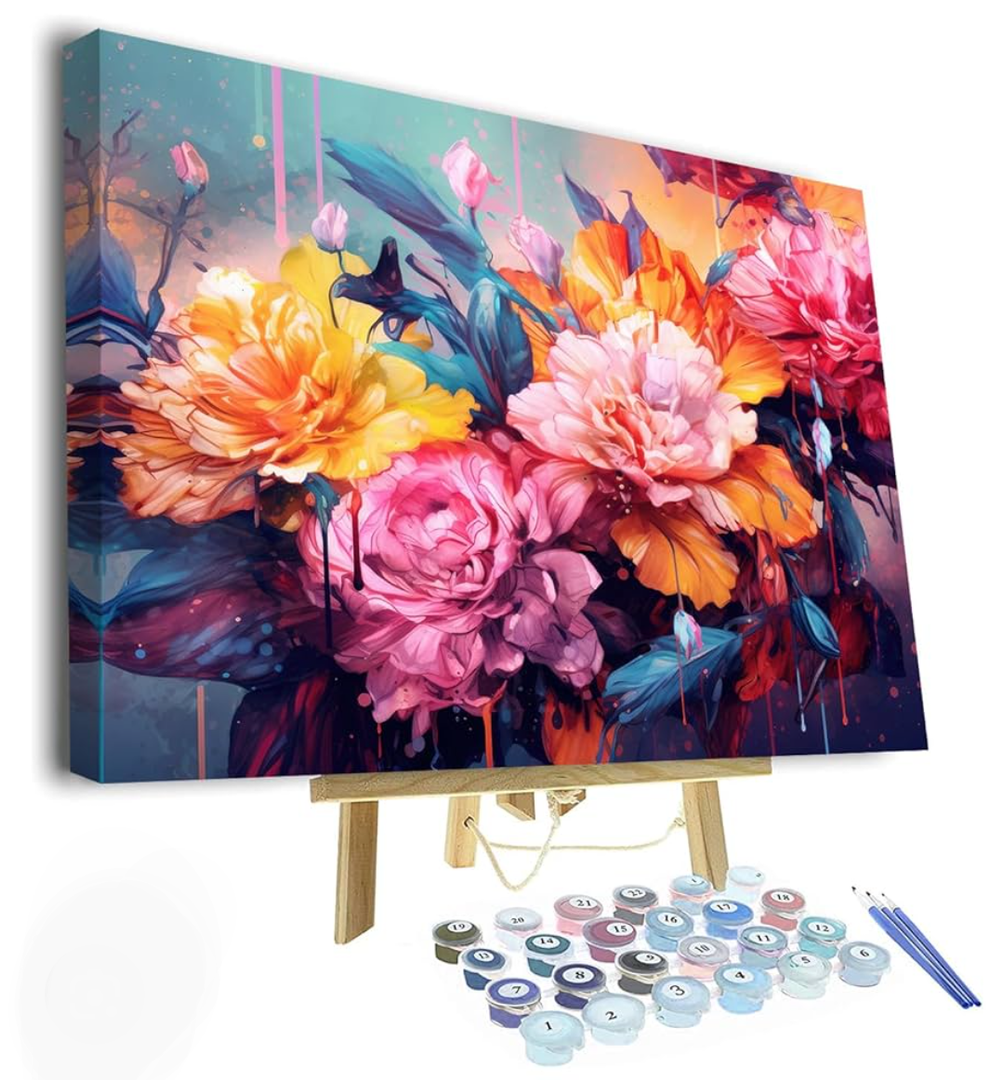 TUMOVO Flowers Framed Paint by Numbers for Adults Blooming Floral DIY Oil Paint by Number Kits on Canvas Blossom Adult Paint by Number with Brushes Acrylic Painting Art Crafts 16"x20"