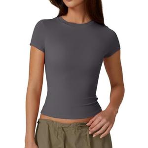QINSEN Women's Casual Basic Going Out Tops Slim Fit Short Sleeve Crew Neck Tight T Shirts (Dark Grey, XS)