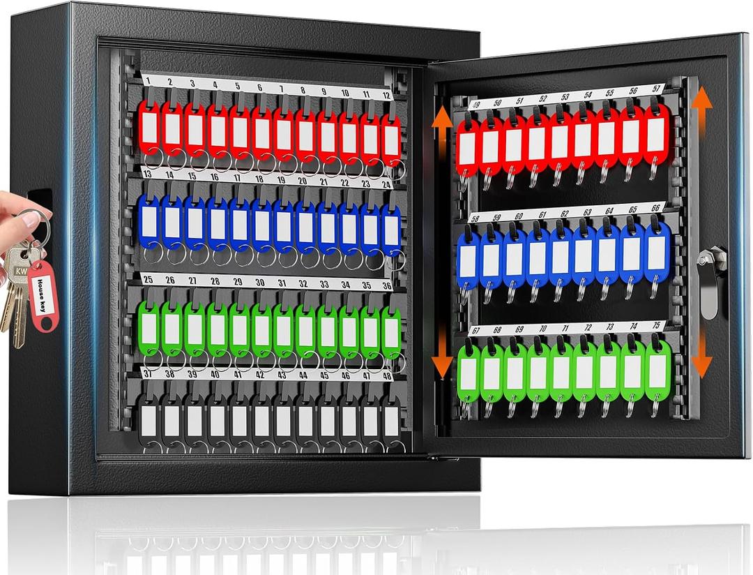 75 Position Wall Mount Key Cabinet with Drop Slot, Adjustable Hooks