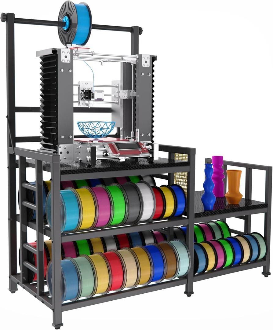 3D Printer Table with Filament Storage Printer Stand with Power Outlet, Heavy Duty 3D Printer Storage rack for ABS, PLA, TPU Filament Spools, Home Offices and Studios Carbon Fiber Black