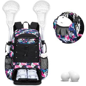 KAVIGOR Lacrosse Bag for Kids and Youth, Lacrosse Backpack with Helmet Holder and Shoes Compartment, Waterproof Field Hockey Gears Bag for Boys & Girls (Large, Camo Pink)