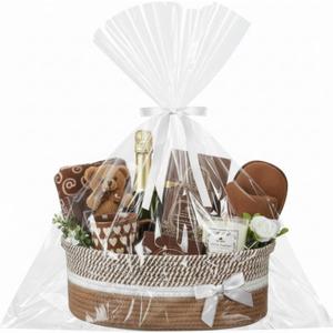 Valentine Woven Gift Basket Empty with Ribbons Bow Tie and Bag, Valentine's Day Empty Decorative Chest Box, Woven Rope Storage with Handles Home Decor(14 x 10 x 5.5 Inch, Khaki White)