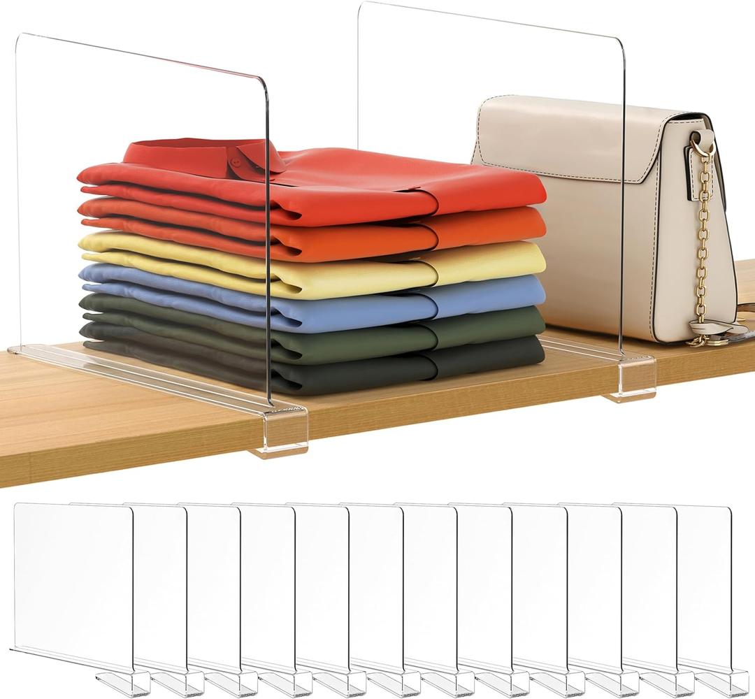 12 Pack 12 Inches [Extra Tall Version] Clear Shelf Dividers for Organization, Acrylic Closet Shelf Vertical Shelves Organizer for Bedroom, Kitchen and Office