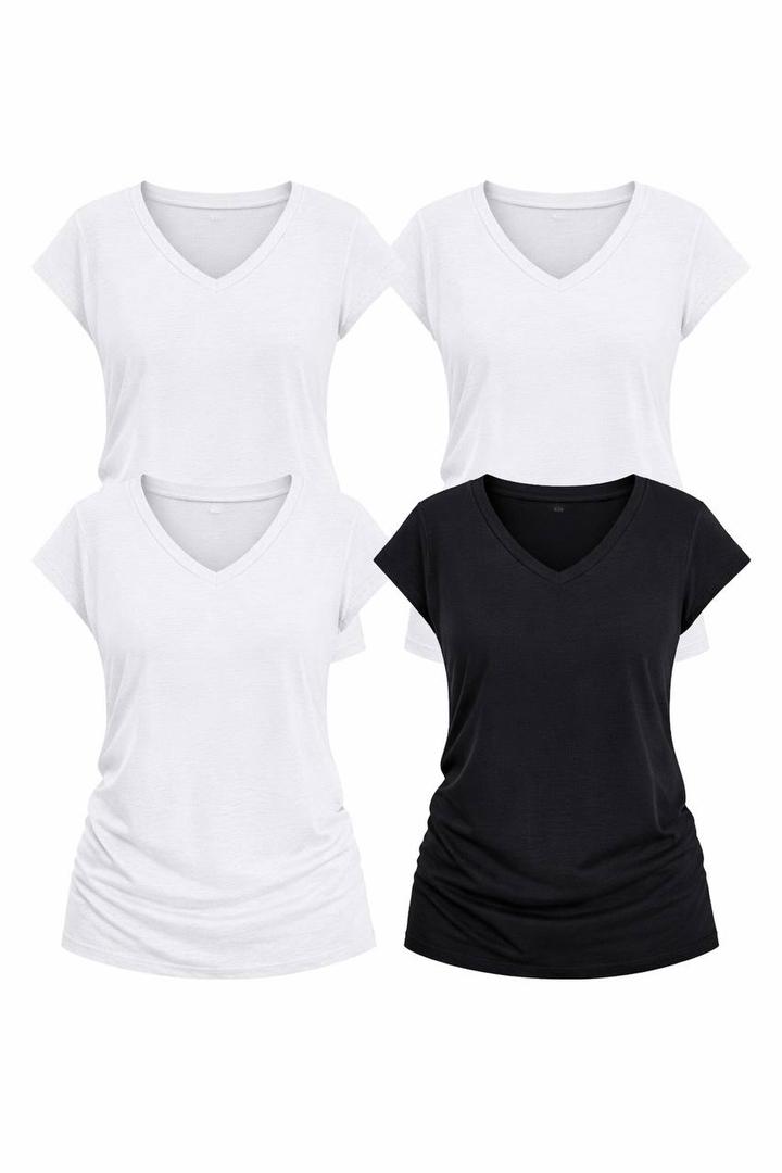 Womens Casual Tops V Neck Cap Sleeve T Shirt Loose Fit Summer Basic Tee for Spring Fashion, Vacation Beach Wear XL Size, Pack of 4