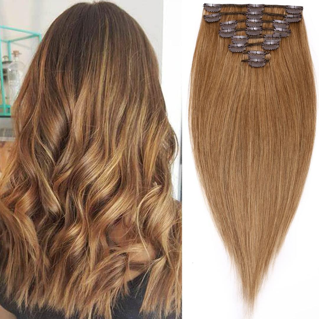 S-noilite Clip in Human Hair Extensions Clip in Short Hair Extensions 100% Real Human Hair Full Head 8 Pieces 18 Clips Silky Soft 10 Inch-70g Light Auburn (#30)