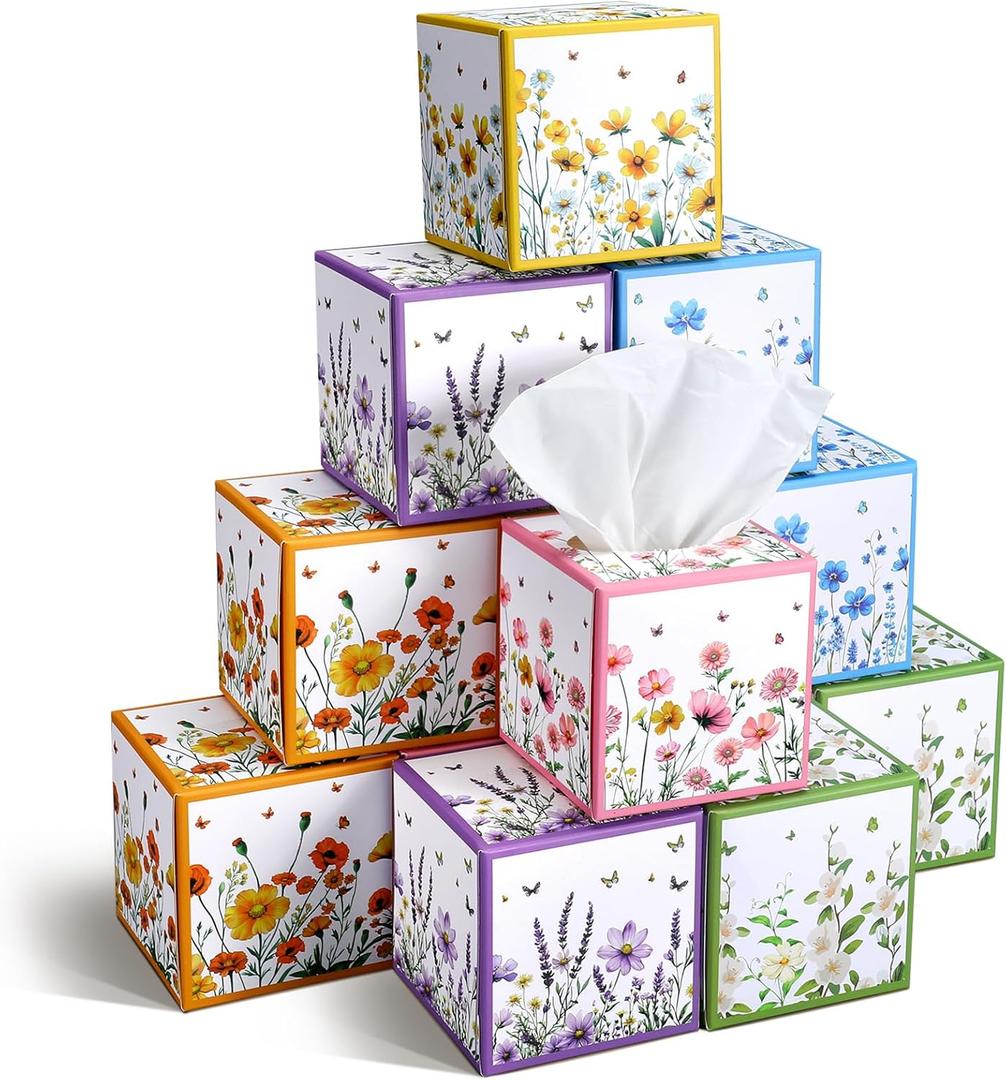 12 Pack Summer Floral Facial Tissues Cube Boxes 600 Sheets 3 Ply Small Square Wildflowers Face Tissues Bulk for Summer Car Bedroom Supplies