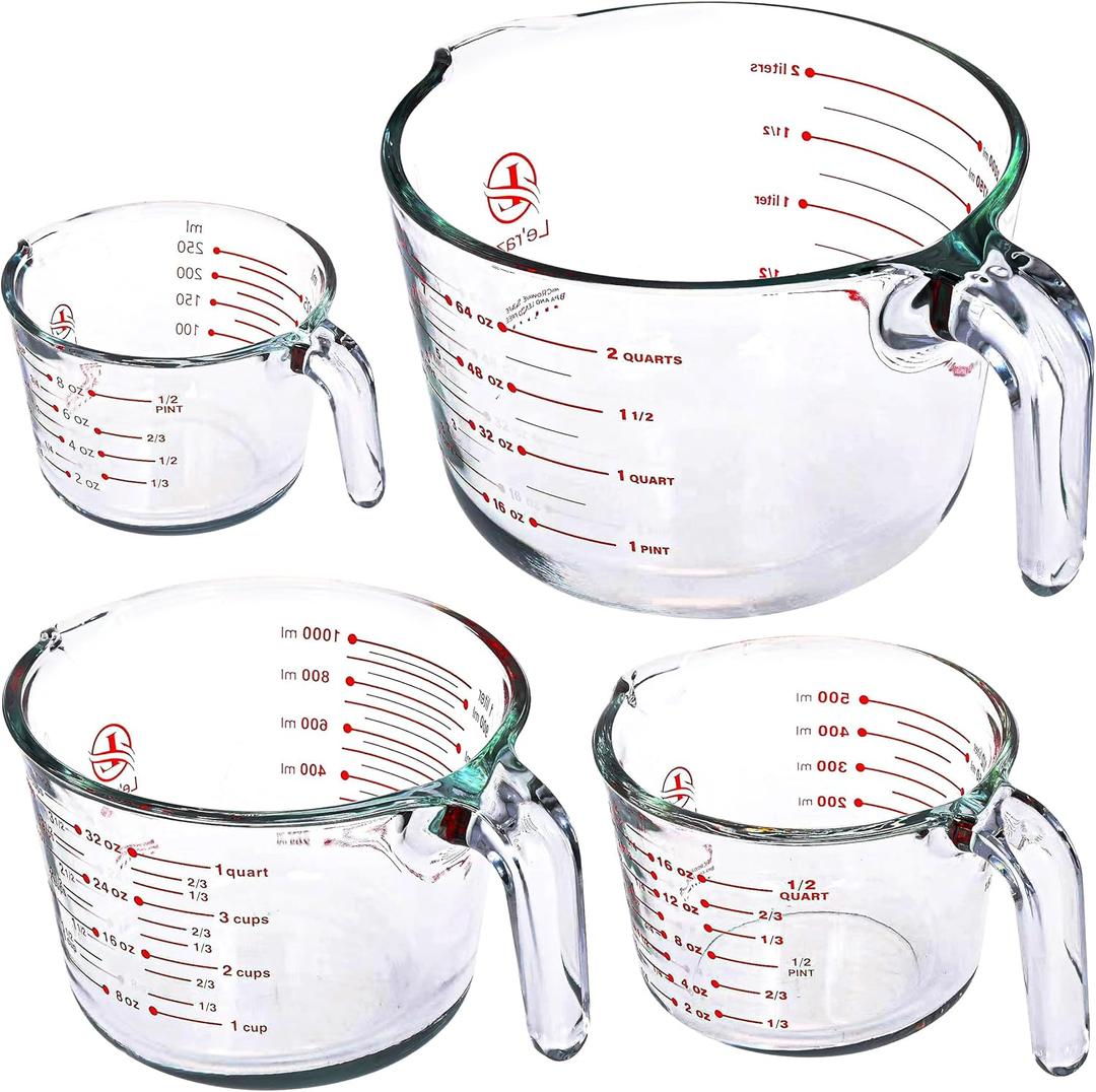 Leraze Glass Measuring Cups Set of 4  Heat-Resistant, Easy-Read Measurements, Ergonomic Handle & Pour Spout, Dishwasher Safe, Kitchen Bakeware Liquid Batter Mixing Bowls (1 cup, 2 cup, 4 cup, 8 Cup)