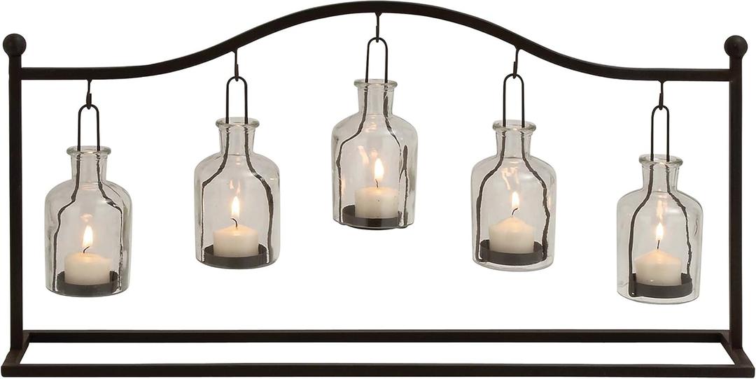 Deco 79 Metal Indoor Outdoor Candle Lantern Hanging Bottle Decorative Lantern Candle Holder, Lantern 24" x 5" x 12", Black