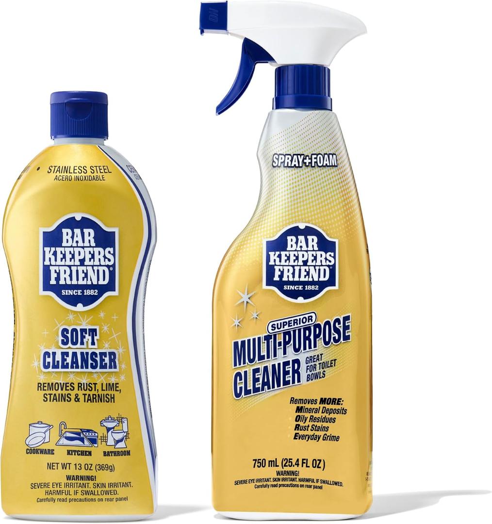 Bar Keepers Friend Soft Cleanser 13 oz + Spray & Foam Multipurpose MORE Spray Cleaner 25.4 oz, Multi Purpose Cleaner Bundle, Removes Grease, Rust Stains, Soap Scum & More in Home & Outdoors, 12.7 Fl Oz