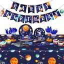 Outer Space Birthday Party Supplies Serve 24 Space Party Tableware Set, Happy Birthday Banner Solar System Tablecloth Paper Plates Cups Napkins Knives Forks Spoons for Solar Theme Activities Decor