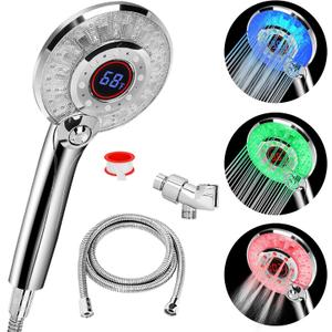 LED Shower Head Color Changing, Handheld Shower Head High Pressure with Hose, Water Saving Spray Showerheads, Discoloration Warning, Water Temperature Display, 3 Spray Modes, Easy to Install, Chrome