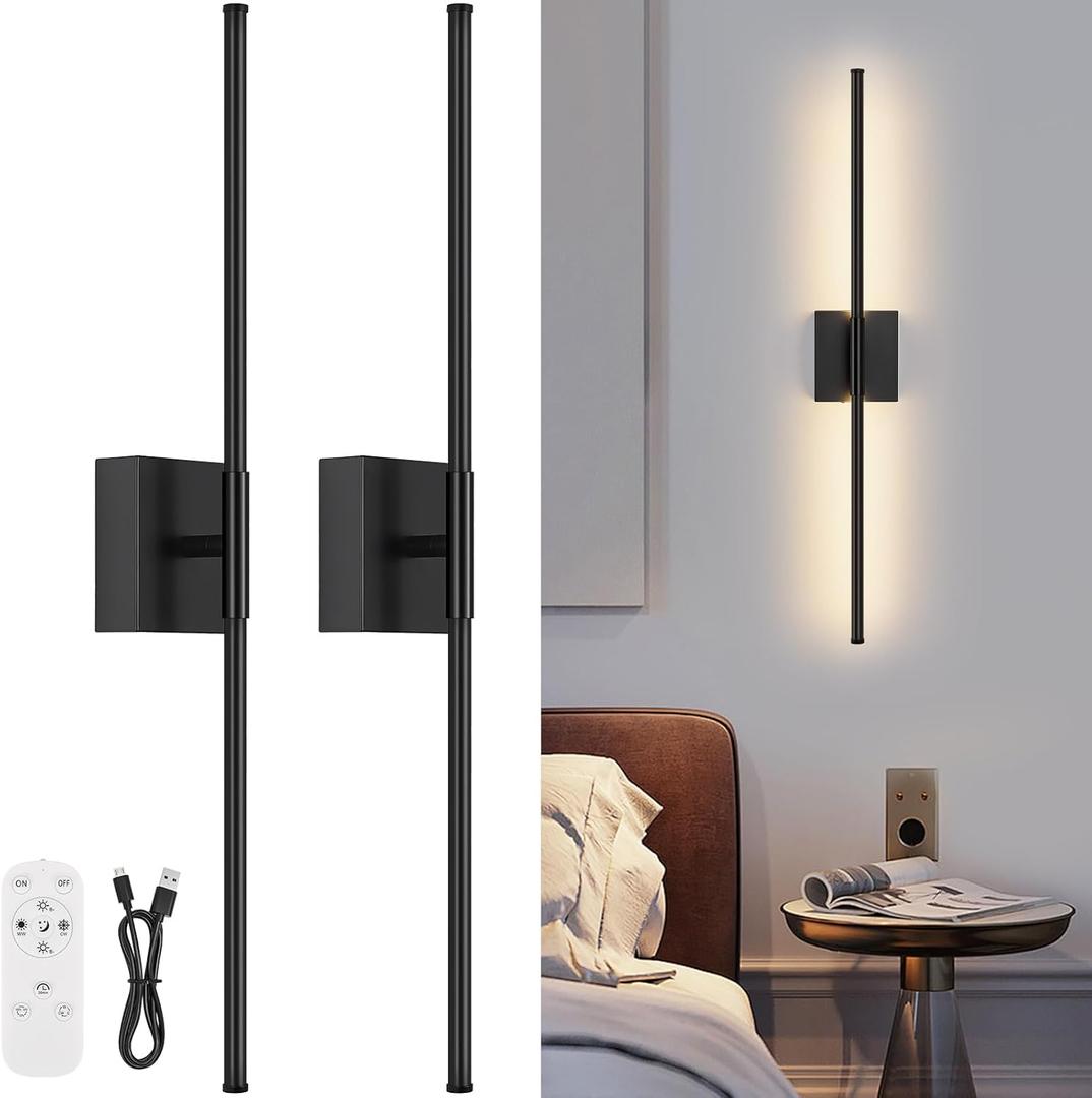 Battery Operated Wall Sconce Set of Two with Remote Control, 3000K-6000K Dimmable Black Wall Lights, Timable LED Wireless Wall Sconces, 350 Ratate for Bathroom, Living Room, Hallway 29.1 Inch