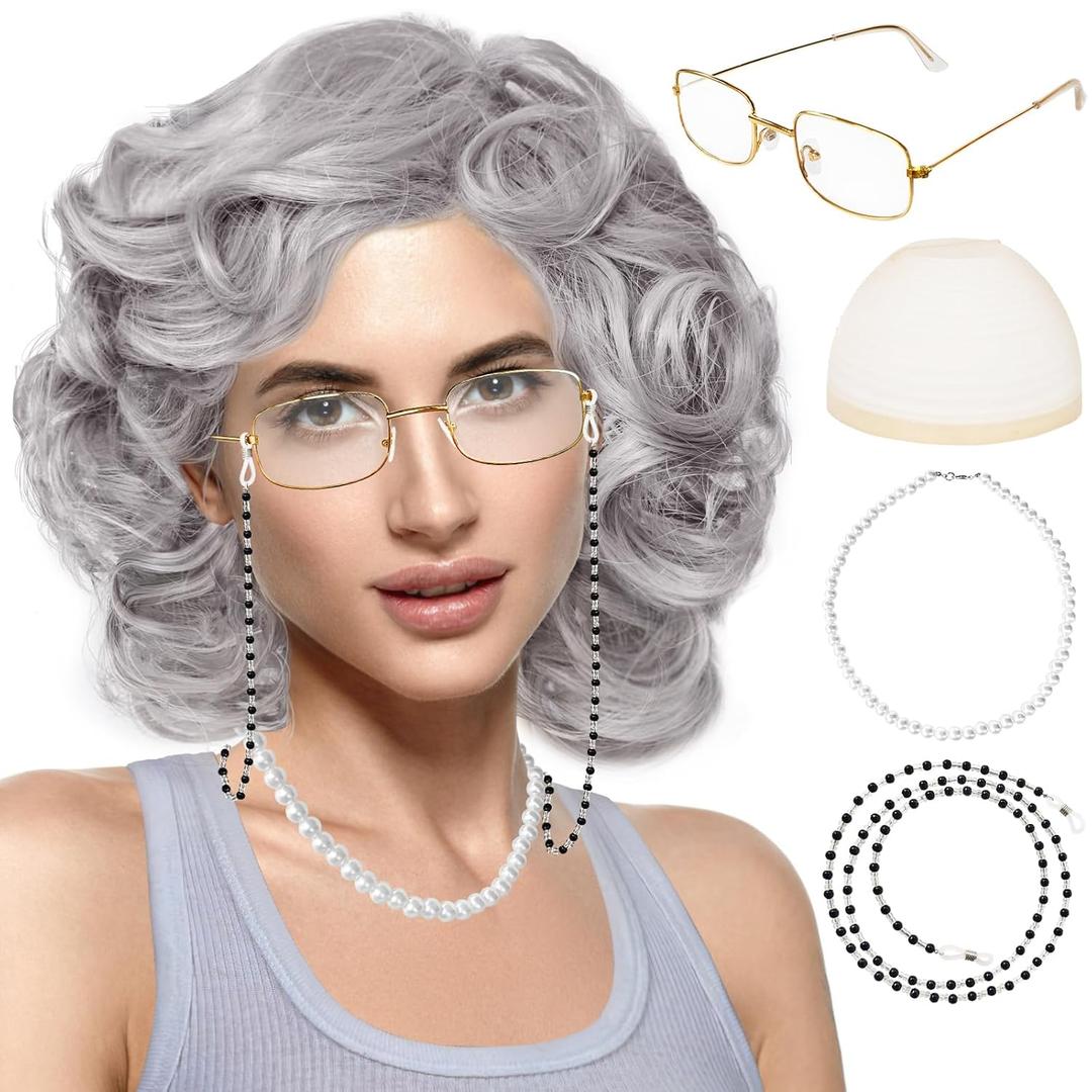 Rrshnsgv 5 Pcs Old Lady Wig and Accessories,Grey Grandma Wigs,Old Lady Wig Costume Set for Halloween Party,Old Woman Cosplay