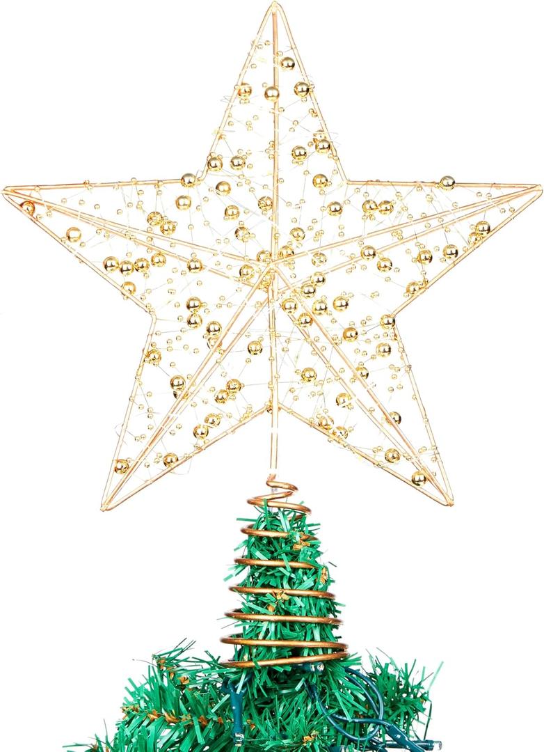 JOIEDOMI 9.5inch Metal Beaded Christmas Star Tree Topper, 20LED Warm White Lights Golden Tree Topper, USB Powered Remote Control for Christmas Tree Decorations Home Holiday Party Indoor Decor
