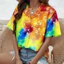 Women Hawaiian Shirt Soft Cool Summer Hawaii Tshirts Beach Tropic Print V Neck Button up Tops Floral Short Sleeve Tops (Medium, Tie Dye Yellow-2)