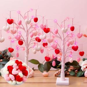 2 Pack 24 Inch Valentines Day Lighted Birch Tree with Crochet Heart Ornaments Valentines Pre-lit Birch Tree Centerpiece Small Table Top Light LED Decor with Heart, USB or Battery Operated