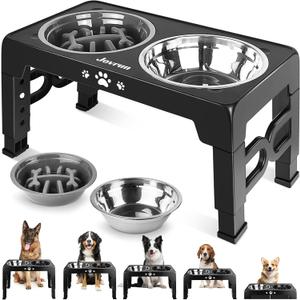 Jovrun Elevated Dog Bowls for Medium Large Size Dogs, Non-Slip Dog Feeder with 1*Stainless Steel Dishes & 1*Slow Feeder Bowl, 5 Heights Adjustable Raised Bowls to 3.15-8.66-9.84-11.02-12.2