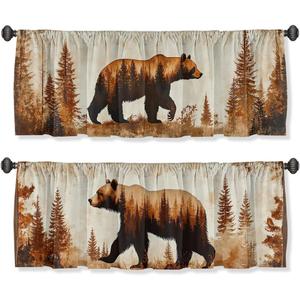 Vintage Bear Valance Curtain for Windows 2 Pack Wildlife Forest Country Nature Rod Pocket Printed Curtain Valances Short Tier Curtains for Living Room Bathroom Bedroom 54x18 Inch
