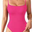 MANGOPOP Women's Cami Thong Bodysuit Double Lined Square Neck Backless Body Suit Adjustable Spaghetti Strap Tank Tops (Large, Hot Pink)