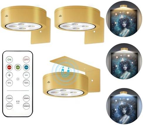 2 Pcs Battery Operated Picture Light, Magnetic Led Painting Light with Remote Dimmable and Timer, 2 Lighting Modes Art Display Light for Picture Frame Paintings, Wireless Wall Decor Puck Lights, Gold