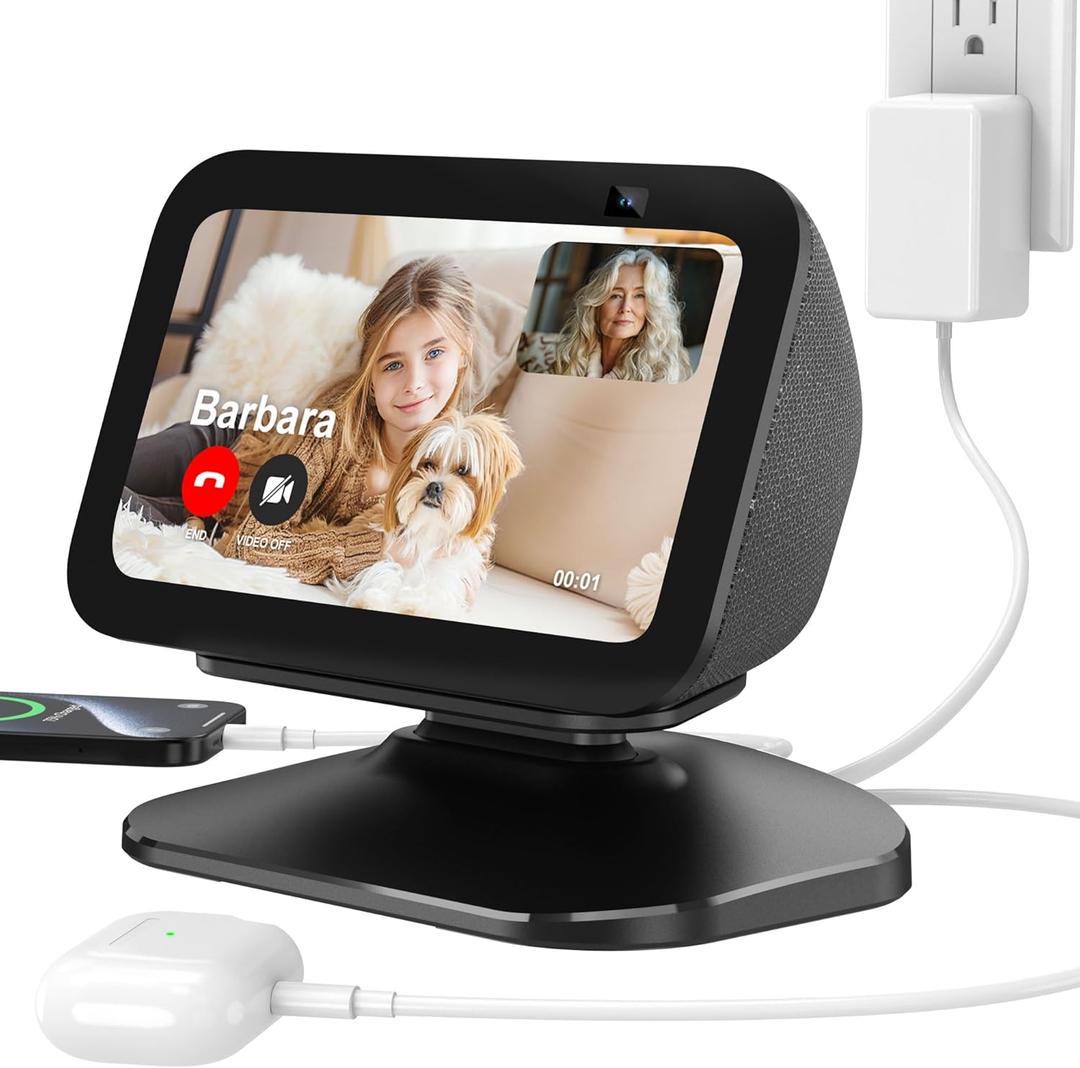 PlusAcc Stand for Show 5 (3rd Gen) - Adjustable Table Holder with 2 Charging Ports (USB-C & USB-A), Tilt Magnetic Base Station for Charge Cellphones and Earbuds, Non-Slip Base (Black)