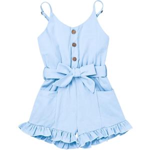KAFIREN 3T Girl Clothes Baby Adjusatble Strap Sleeveless One-Piece Toddler Romper Ruffle Summer Pocket Jumpsuit Blue 2-3 Years old