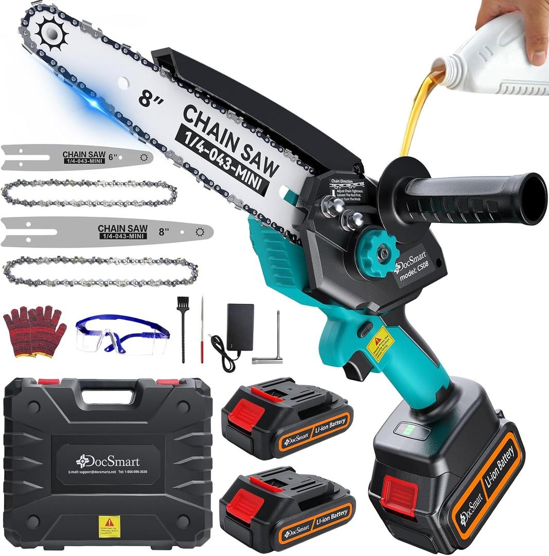 Mini Chainsaw Cordless, 8 inch & 6 inch Electric Chain Saw with 2 Pack Rechargeable Batteries, Battery Powered Handheld Saw for Trees Trimming Wood Cutting, Perfect Gardening Tools for Men Dad Husband (Blue)