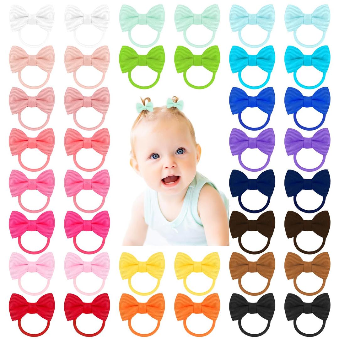 40pcs 1.6 Inches Baby Hair Ties with Bows Elastics Ponytail Holders Baby Bows Tiny Rubber Ribbon Hair Bands For Baby Girls Infants Hair Accessories