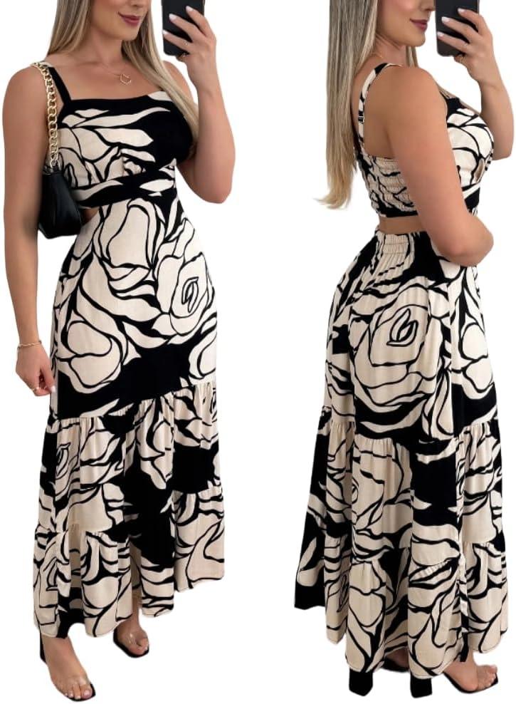 CHICME Summer Dresses for Women 2026 Sleeveless Casual Boho Maxi Dress Square Neck Cut Out Floral A Line Dress (Beige, L)