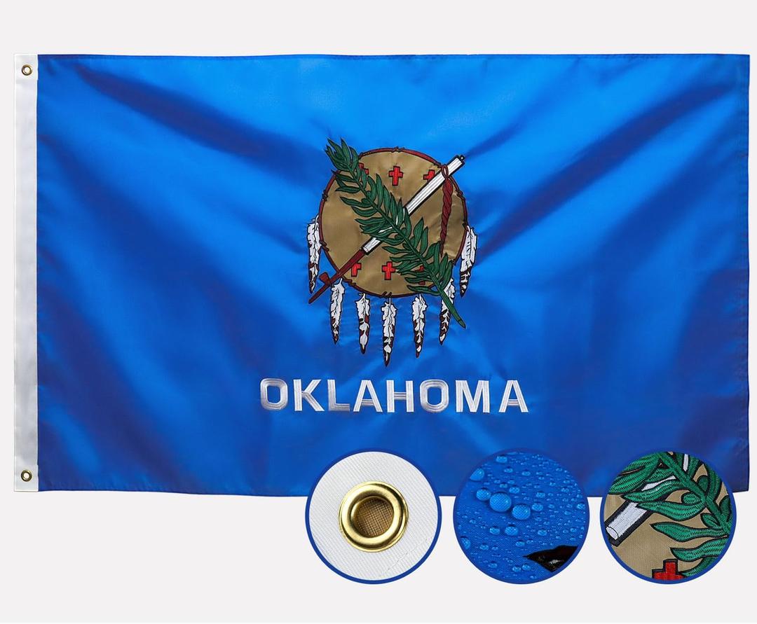 STREBAN Oklahoma Flag 3x5 Outdoor - Embroidered Design Heavy Duty Polyester Okla Flag with Sewn Stripes, Brass Grommets