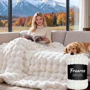 Luxury Double-Sided 3D Bubble Faux Fur Throw Blanket Ultra Plush & Fluffy Cream White Cozy Blanket for Couch, Sofa & Bed | Soft Gift for Women, Birthday, Housewarming, 60" x 80"