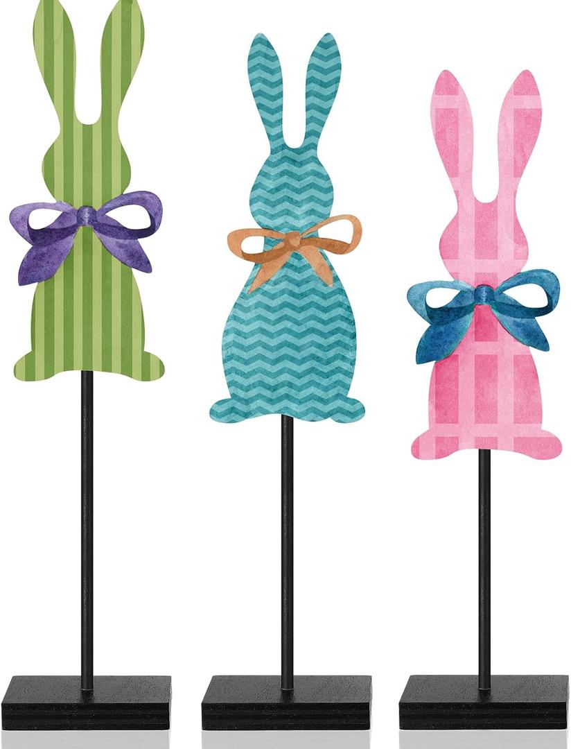 3 Pcs Easter Bunny Table Decorations Wooden Bunny Tabletop Decor Rustic Rabbit Block Sign Farmhouse Spring Centerpiece Easter Decor for Home Mantel Office Desk