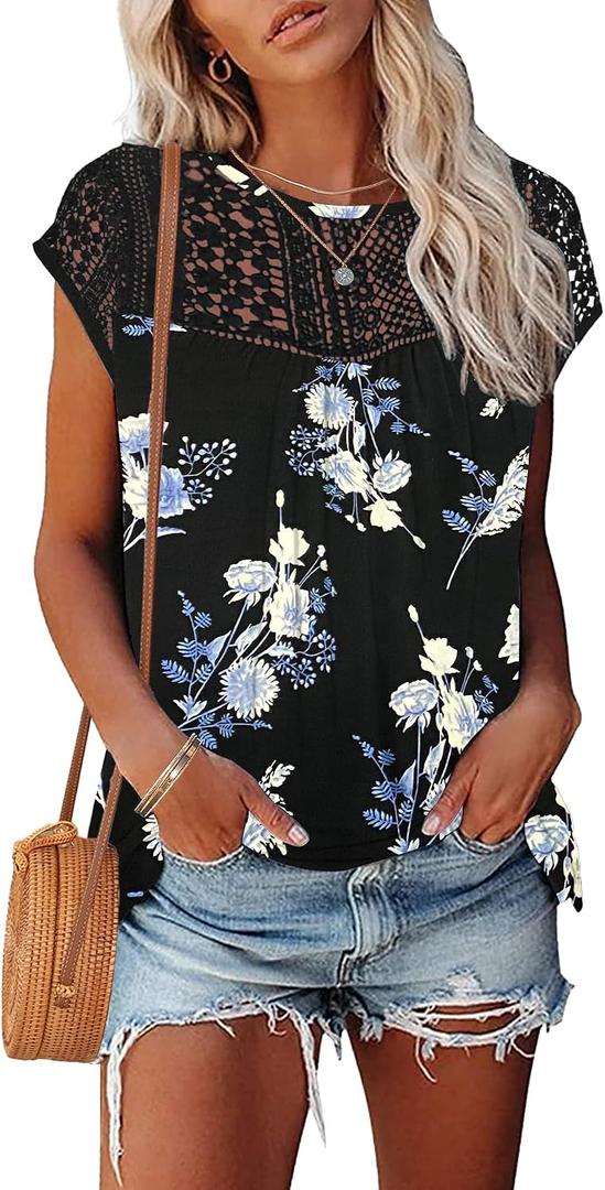 AUSELILY Women's Summer Tops Casual Short Cap Sleeve Crewneck Lace Trim Ladies T Shirts 2026 Trendy (M)