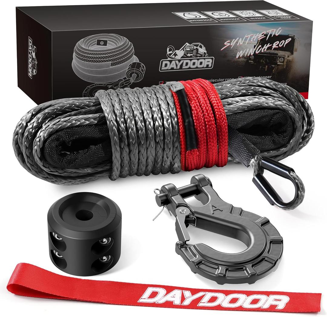 DAYDOOR Synthetic Winch Rope, 1/4 Inch x 50ft 10,000LBS Synthetic Winch Line, Winch Cable for Offroad Vehicle 4WD ATV UTV, Synthetic Rope with Forged Winch Hook and Rubber Stopper (Gray)