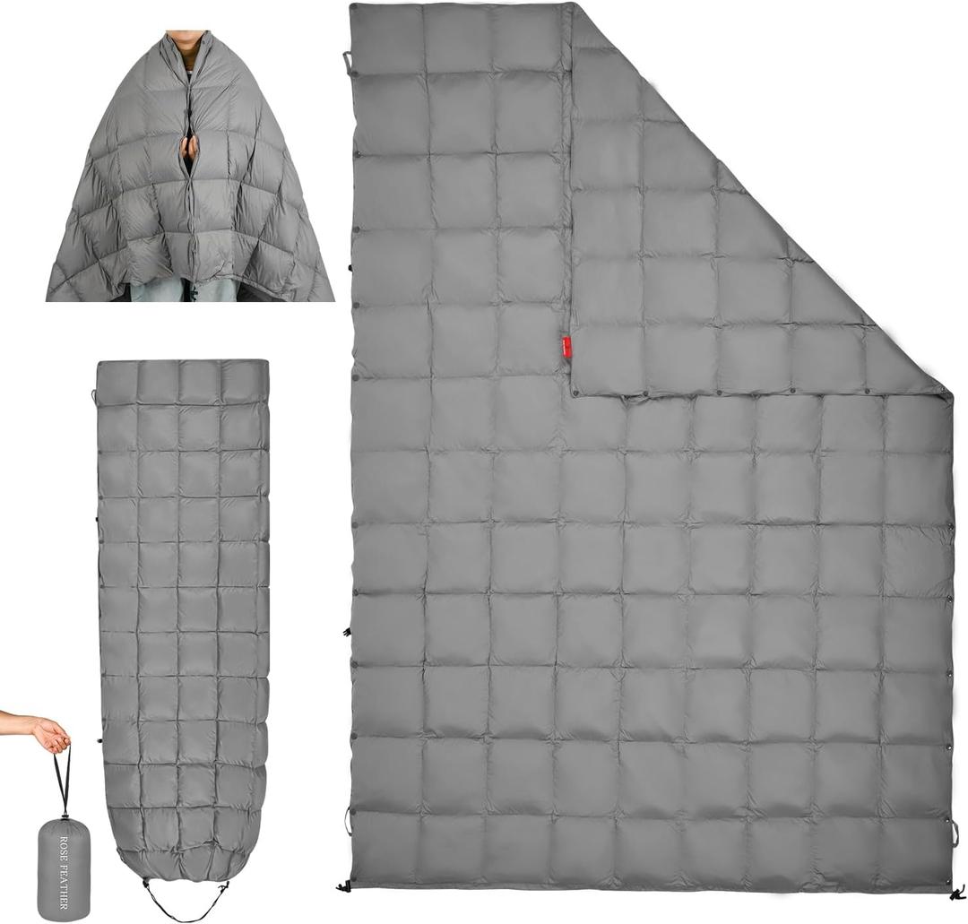 Down Camping Blanket - Lightweight, Packable, Warm & Puffy Outdoor Travel Quilt for Sleep, Hiking, Backpacking, Stadium, Festivals, Water-Resistant Sleeping Bag 55"x79" (Storm Gray)