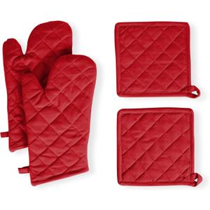 Native Fab Pot Holders and Oven Mitts Sets for Kitchen Heat Resistant - Hanging Non-Slip - 100% Cotton Kitchen Oven Mitts and Pot Holders 4-Piece Set - Red