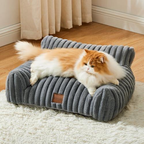 Eterish Cute Cat Couch, Fluffy Cat Sofa with Soft Corduroy Fleece, Fuzzy Pet Couch with Removable Washable Cover, Supportive Pet Sofa with Non-Slip Bottom, 24inch, Grey