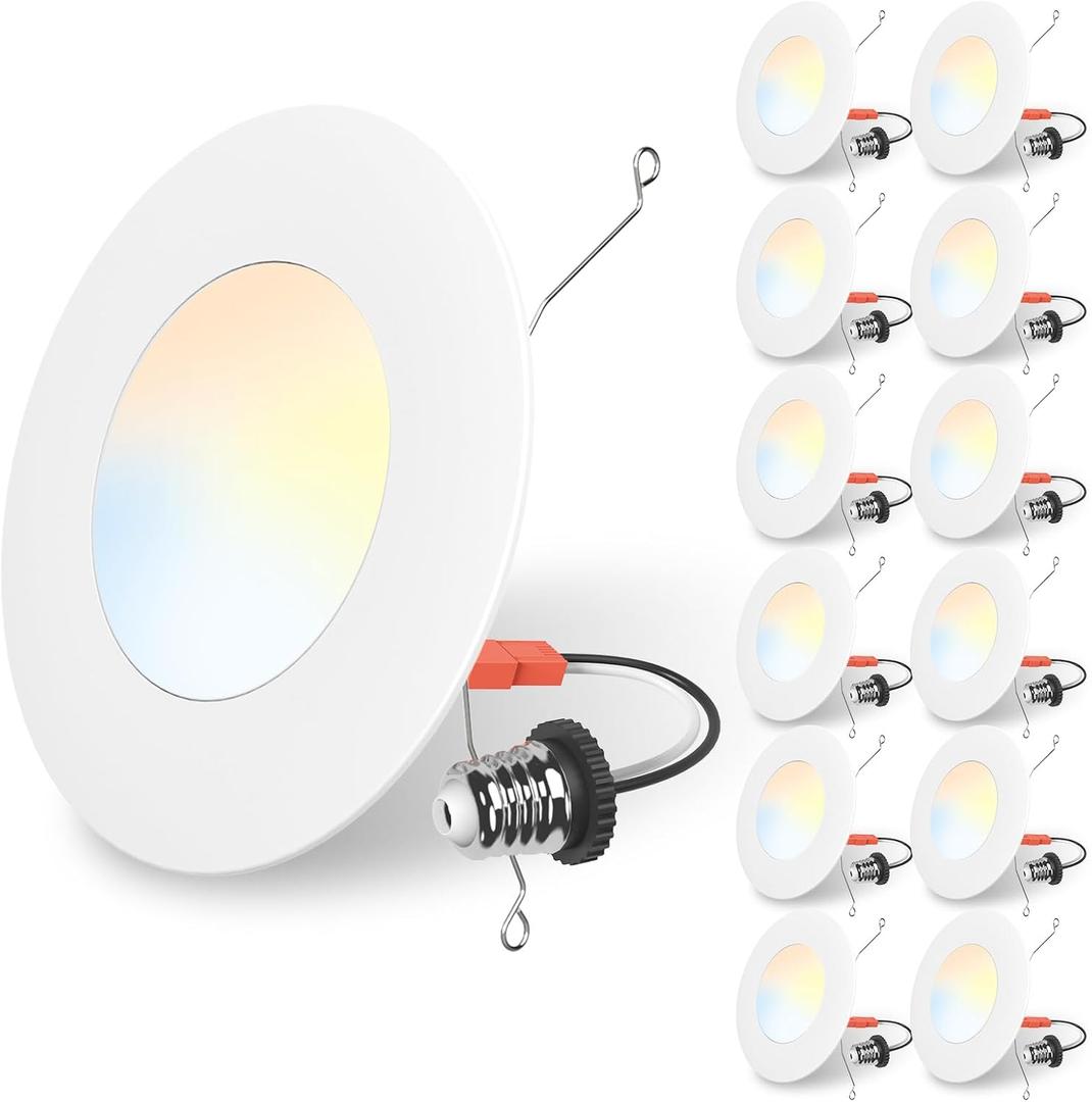 Recessed Lighting 6 Inch, 12 Pack 5CCT Flat LED Can Lights, 2700K/3000K/4000K/5000K/6500K Selectable,12W 1100LM Dimmable Retrofit Downlights Suitable for Kitchen, living room, bathroom