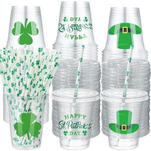 Patelai 90 Pcs St Patrick's Day Shamrock Cups with Lids and 90 Pcs Shamrock Paper Straws, Disposable Happy St Patrick's Day Clear Plastic Cups for Beer Beverage Coffee Ice Cream