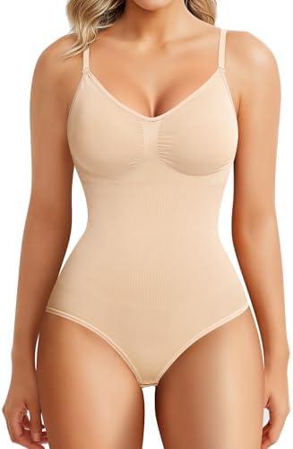 BRABIC Womens' Seamless Sleeveless V-Neck Bodysuit Shapewear Tummy Control Size M-L