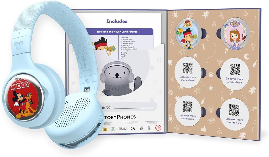 Bundle - Includes Storytelling Foldable Bluetooth Kids Headphones and 3 Disney StoryShield Disks (Blue)