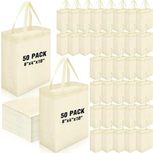 Windyun 50 Pcs Reusable Tote Bag Bulk 8 x 4 x 10 Inch Non Woven Shopping Bag with Handle Christmas Reusable Grocery Gift Tote (Beige)