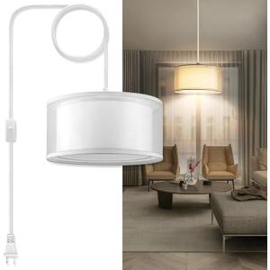 Plug in Pendant Light, 15FT White Cord Hanging Lights with Plug in Cord, Hanging Light with On/Off Switch, Double Linen Shade Fabric Design, Pendant Llight Fixture for Bedroom Living Room Restaurant, White