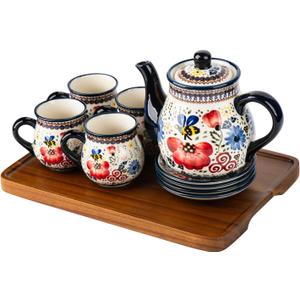 polish pottery style porcelain ceramic 10 piece Tea set,7.2oz tea cup and sauce set of 4,28.2oz teapot and 1wooden tray (Honey Bee Flower) (Black)