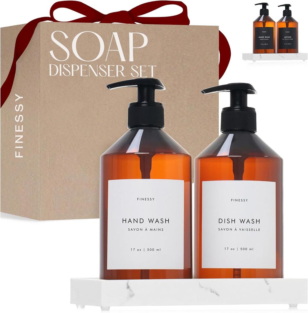 FINESSY Amber Hand Dish Soap Dispenser for Kitchen Countertop and Bathroom with Tray Set for Refillable Liquid Detergent Dishwasher and Lotion Bottles, Farmhouse Kitchen Soap Dispenser Set with Pump (3"L x 3"W x 7"H)