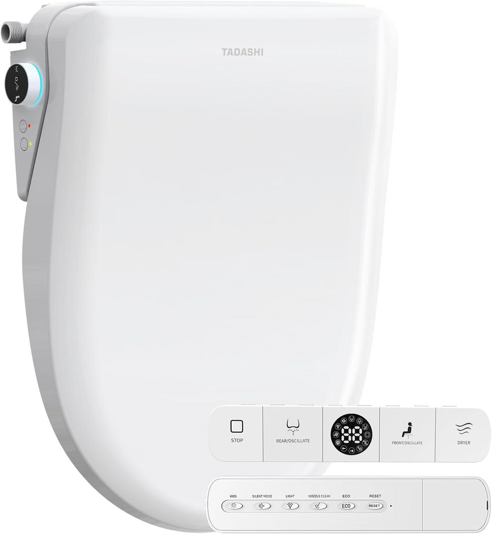 Tadashi Electric Bidet Toilet Seat Elongated, Wireless Remote & Side Panel, Instant Warm Water, Feminine & Rear Wash, Self‑Clean Nozzle, Adjustable Heated Seat, Air Dryer, Slow Close Lid
