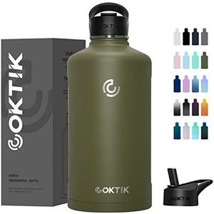 COKTIK 128 oz/One Gallon Water Bottle Insulated, Double Walled Vacumm Metal Stainless Steel Sports Water Bottle with Reusable 2 Lids for Sports, Gym, Fitness or Office(Army Green)